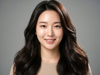 Naklejka premium Close Up Studio Portrait of Korean Woman with Voluminous Dark Hair