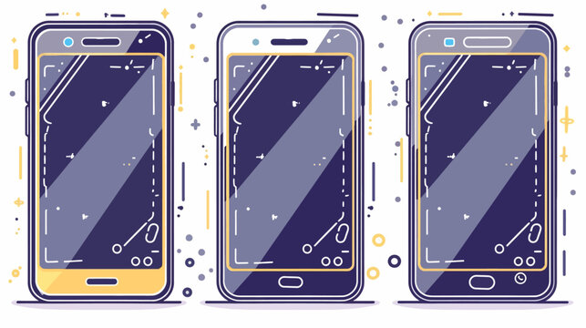 Three stylized smartphones with colorful borders and shiny screens against white background
