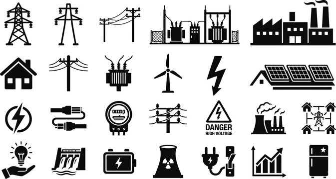 Electrical energy and renewable power line icon set featuring solar panels, wind turbines, electric meters, battery charging, and industrial factory ...
