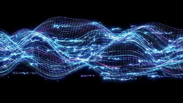 This video features a digital wireframe design with glowing blue and white stripes flowing across a black background. The stripes create a wavy, abstract pattern with bright, electric-like details.