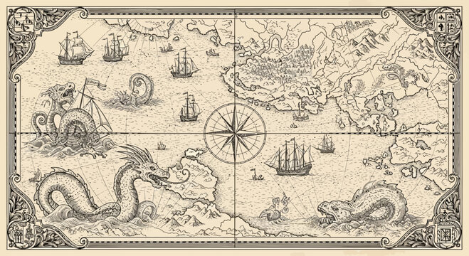 An old engraving style vector illustration map shows a sea monster and ships in a fantasy landscape.