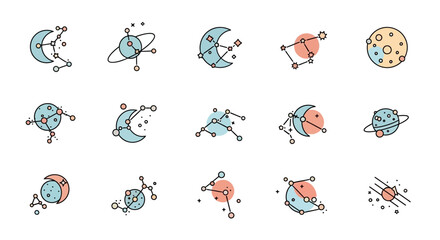 Colorful cartoon planets and moons orbiting. © Gagah
