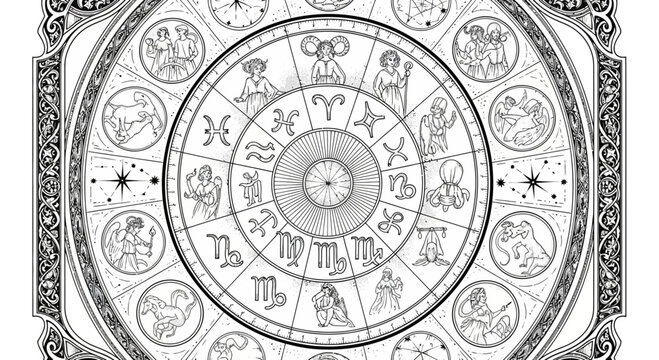 The zodiac wheel showcases an engraving style vector illustration of astrology symbols and their corresponding signs.