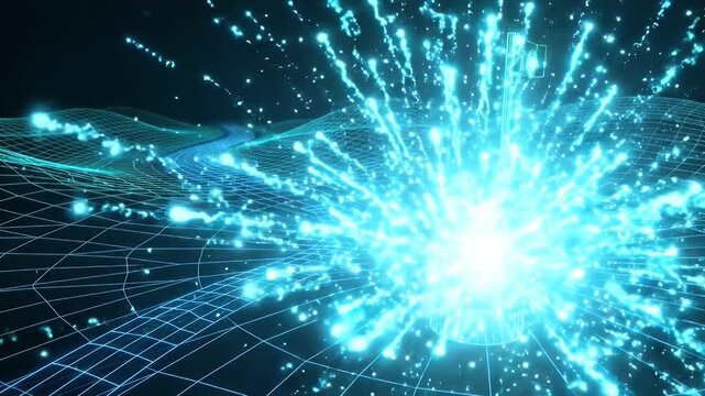 A digital wireframe of a golf course shows the ball virtually rolling towards the hole. A burst of light and particle effects signify the success as the ball enters the hole marked with a flag.