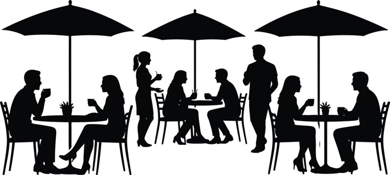 People seated at caf&eacute; tables silhouette pictogram sipping drinks and chatting, umbrellas and chairs outlined, relaxed social scene, minimal vector ...
