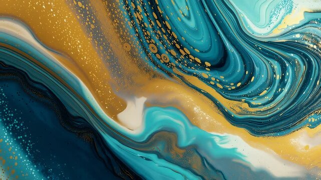 Teal and Gold Marble Fluid Art Abstract Swirl 4K Seamless Loop