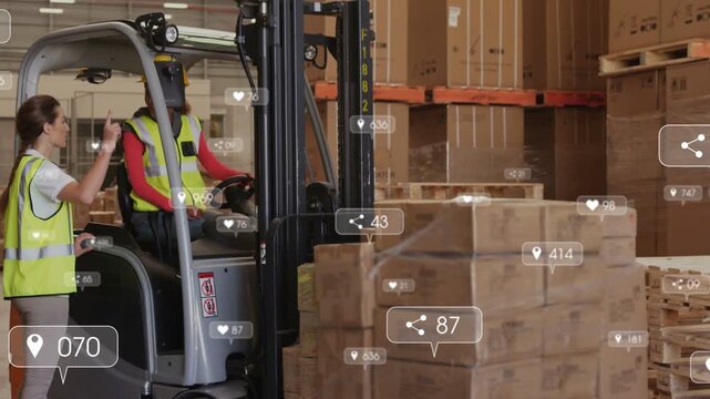 Warehouse operator moving toward pallets after coworker pointing, social icons floating over scene