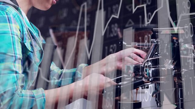 Barista picking portafilter locking aligning cup brewing espresso while charts overlaying smiling