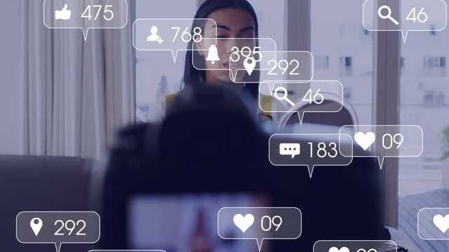 Male vlogger speaking to cam DSLR blurred sparking bubbles as doing makeup with mirror for tutorial