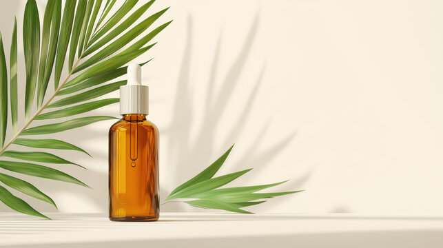 A glass bottle of essential oil rests on a surface next to vibrant green palm leaves casting soft shadows against a warm neutral backdrop in a spa setting.