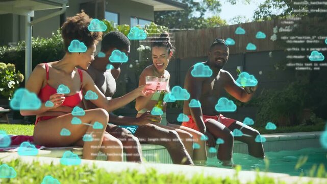Four friends sitting pool edge clinking drinks sharing bottles while toasting tech overlay growing