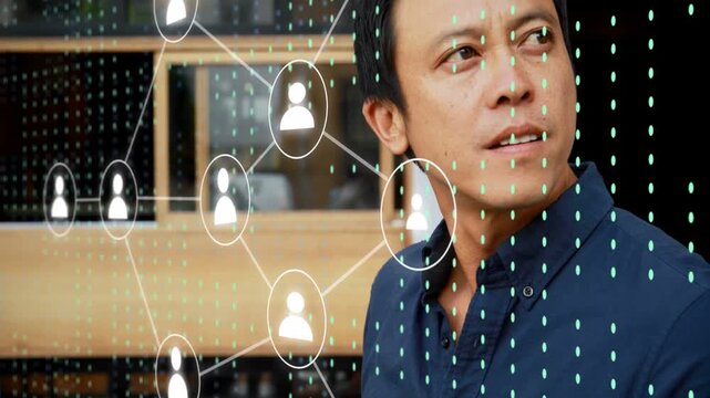 Man turning head, revealing AR network aligning to chest and face, showing user icons, green matrix