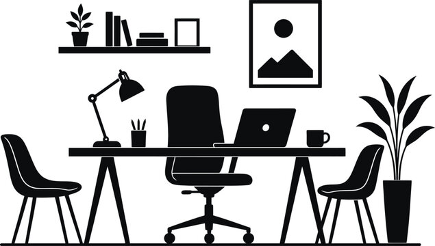 Minimalist Desk Setup with Computer, Chair, and Lamps - Line Art Illustration
Minimalist desk setup with computer, lamp, books, plants, and clock. Line art illustration.
