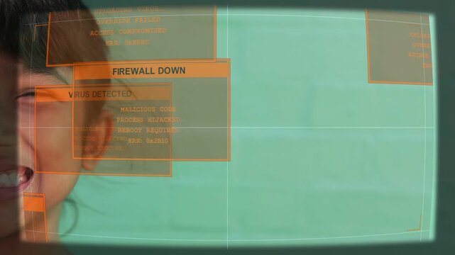 Vertical video: Girl smiling on HUD security scan finding virus and raising alerts covering face