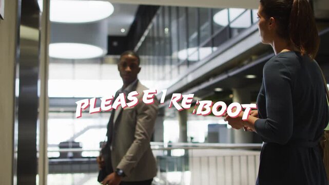 'PLEASE REBOOT' sweeping business atrium, urging male walking to elevator and female checking phone