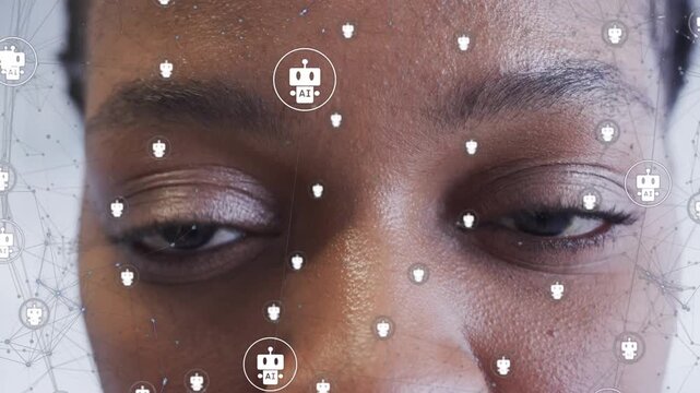 Woman opening eyes and smiling to cam while AR overlay detecting motion for face mapping demo