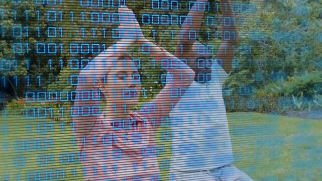 Wellness woman and man breathing, raising arms into triangle, lowering to prayer, binary scanning