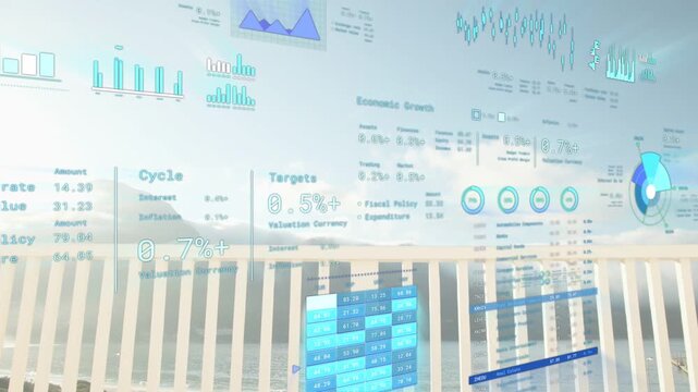 Translucent finance HUD receiving data, shifting opacity and highlighting grid over railing horizon