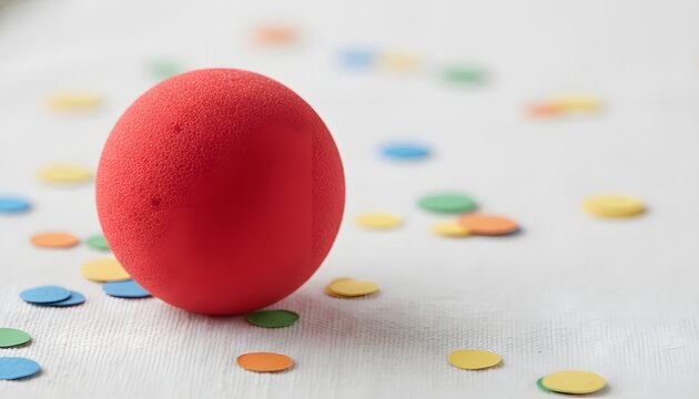 Red foam clown nose resting on colorful confetti for April Fools' Day laughter and humor concept, bright festive background for celebration and comedy event