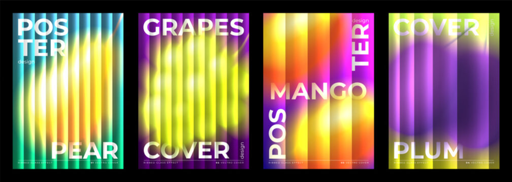 Trendy Summer Posters with Reeded Glass Effect. Vibrant vector cards with colourful gradients, blurred summer fruit and berries ribbed glass texture. Flyers for ads, branding, cover, sale, menu.