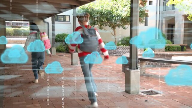 Diverse children walking through campus corridor carrying backpacks with blue cloud overlay
