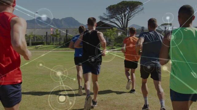 Vertical video: 6 runners starting sports run, cam pulling back, network expanding over runners