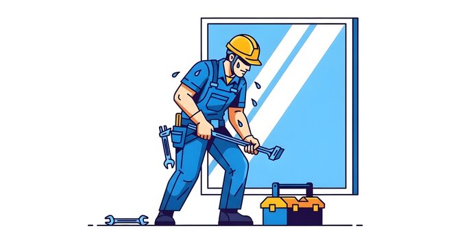 Rugged Construction Worker Installing Window Frame