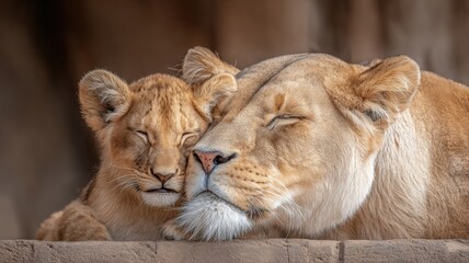 Obraz premium Tender Moment: Lioness Nuzzles Adorable Cub in Warm, Natural Light, Symbolizing Family Love and Protection