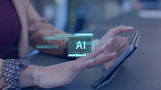 Resting hands near tablet, woman activating hologram AI UI, tapping floating data for analysis