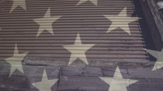 Camera shifting, faint stars drifting over metal shutter and wood ledge, creating projection effect