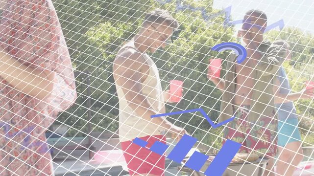 Grill cook tending food serving friends, causing live charts and mesh grid growing for business