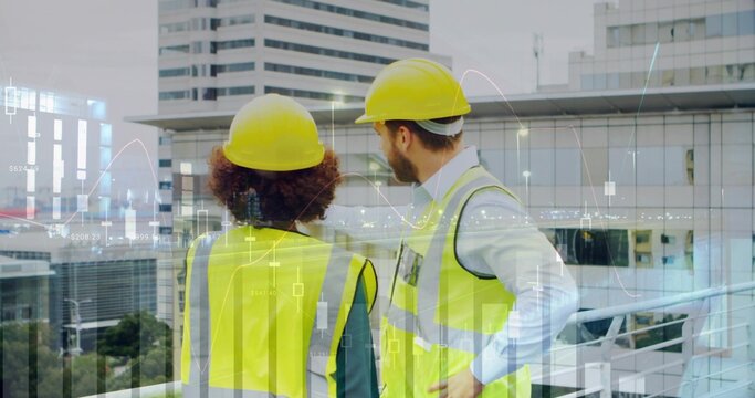Two site engineers inspecting rooftop balcony, with data overlays, safety vests, yellow hard hats