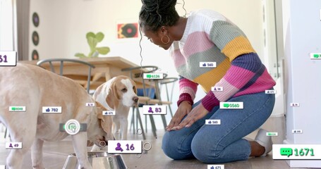 Kneeling woman in sweater leaning toward 2 dogs at kitchen steel bowl, social overlays, copy space © vectorfusionart