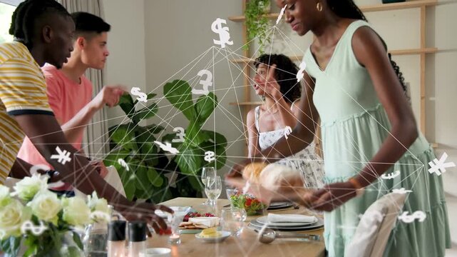 Friends entering carrying food, preparing group meal placing dishes while finance overlay hovering
