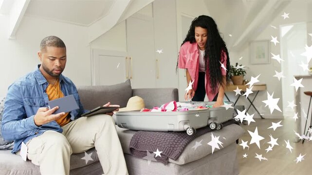 Man checking pass leading woman packing suitcase for trip leaving man seated star hiding right