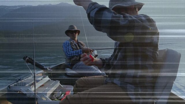 Right man preparing to cast rigging red lure onto line mate with rod, scan-lines streaking across