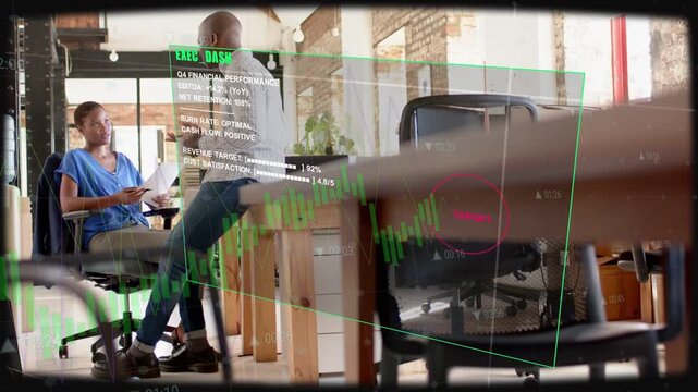 AR dash appearing, woman reading docs, man gesturing while AR animating charts for business review