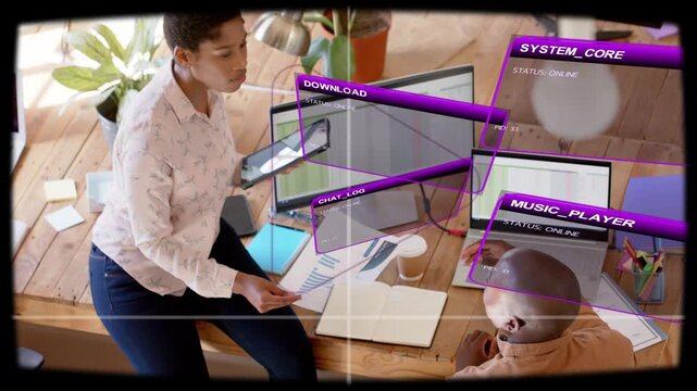 Presenting woman tilting tablet, sliding chart to man, AR overlays visualizing data for tech review