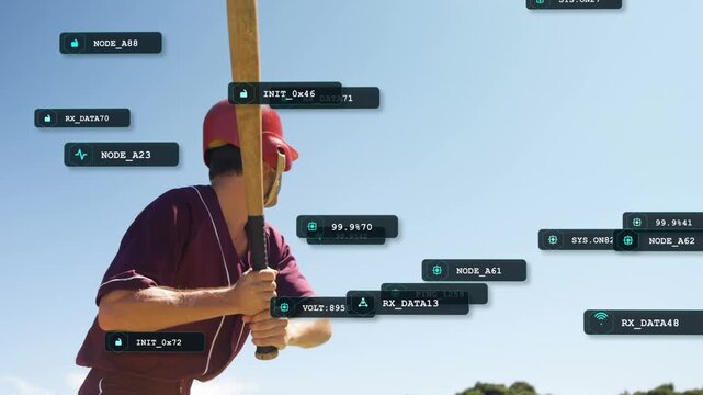 Baseball player tracking incoming pitch and swinging bat to hit ball while HUD labels updating
