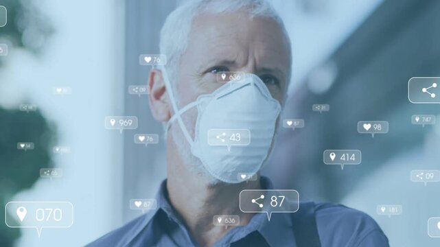 Man walking street wearing white N95 mask while getting floating pins, hearts, showing tech fatigue