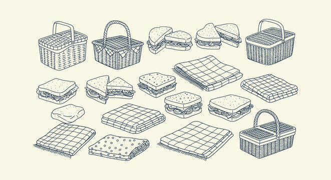 Picnic basket sandwich and blanket line art illustration set. Hand drawn vector doodle collection.