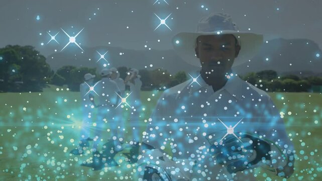 Man holding bundle and group shifting on field, sparkles appearing and obscuring faces, marketing