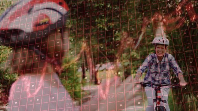 Left child raising hands to high-five adult while riding, tech red grid waveform overlaying scene