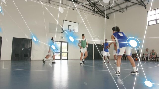 Blue guard #6 gaining orange ball dribbling baseline scanning pass or shot AR overlay tracking playe