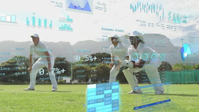 Keeper collecting ball after cricket delivery while fielders appealing, HUD showing metrics