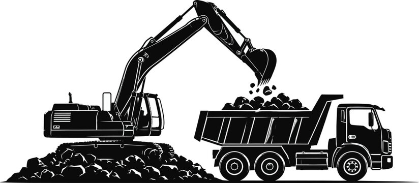 Detailed black and white line art illustration of a skid steer loader heavy equipment machine used for construction and landscaping.
