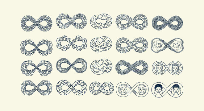 Diverse Infinity Symbol Collection with Abstract Line Art Textures and Conceptual Illustration Set
