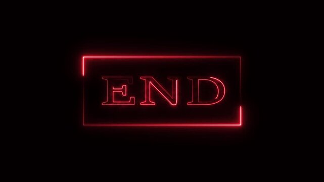 Red neon word END inside a neon rectangle on black. Word END glowing. Professional red neon word END for system termination and digital interface exit visuals animation art.