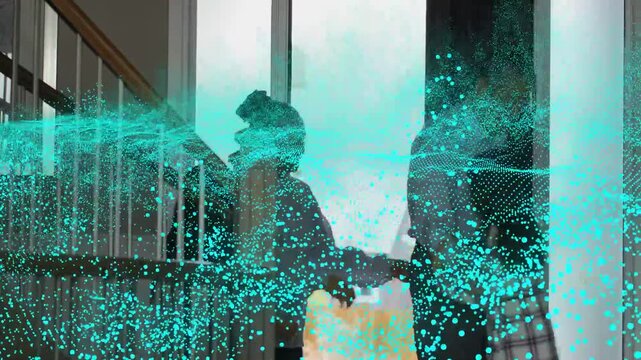 Teal digital wave sweeping through doorway sparking seniors guiding girls past stair rail for tech