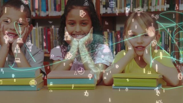 Three kids propping chins in school library as third joining globe swirling over books for learning